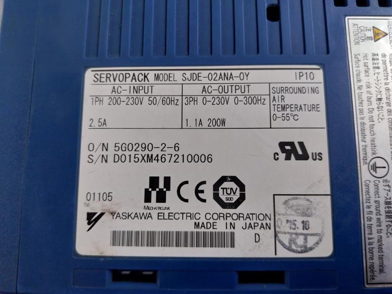 Yaskawa Sjde-02Ana-oy Junma Series Servo Drive Servopack Ac In 200-230V 50/60Hz