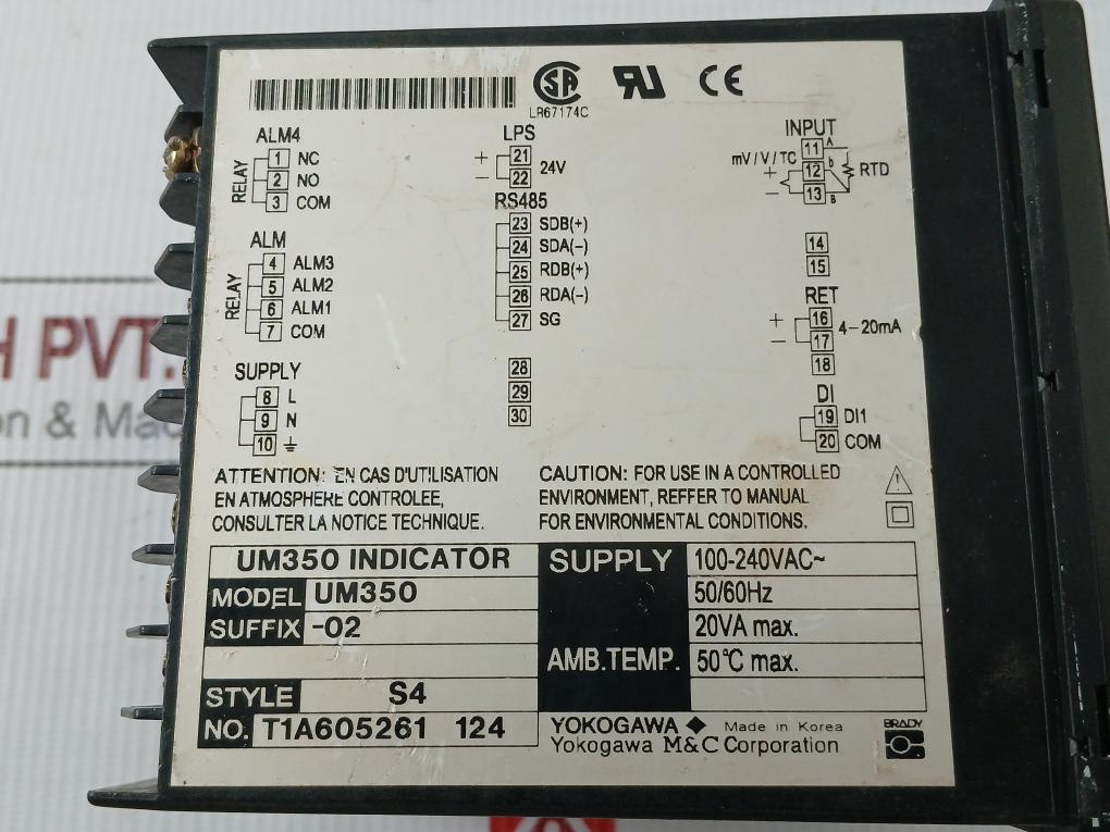 Yokogawa 100-240Vac 50-60Hz 20Va Max. Digital Indicator With Alarm Um350