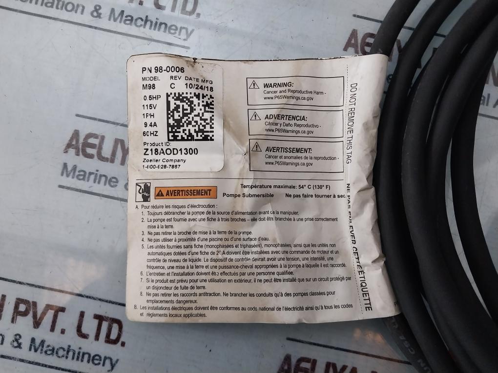 Zoeller 98-0006 Submersible Sump Pump M98-c 0.5Hp 115V Rev C