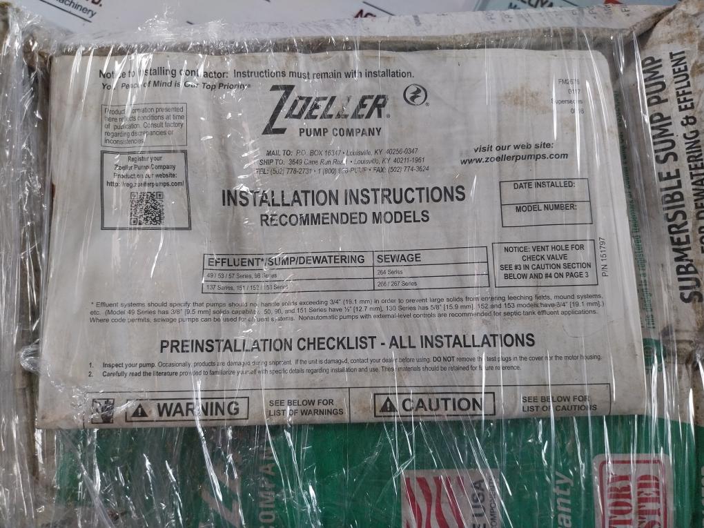 Zoeller M98-c Automatic Sump Pump 4 Meter 0.5Hp 115V 9.4A