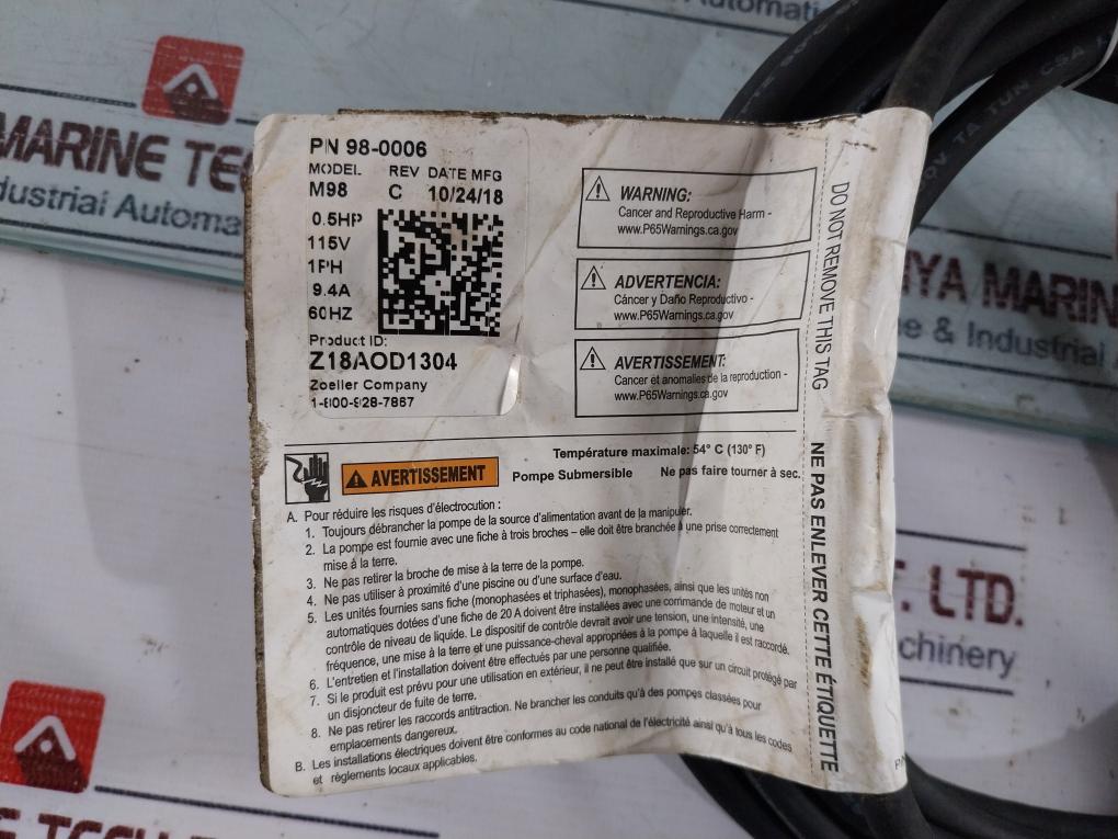 Zoeller M98-c Automatic Sump Pump 4 Meter 0.5Hp 115V 9.4A