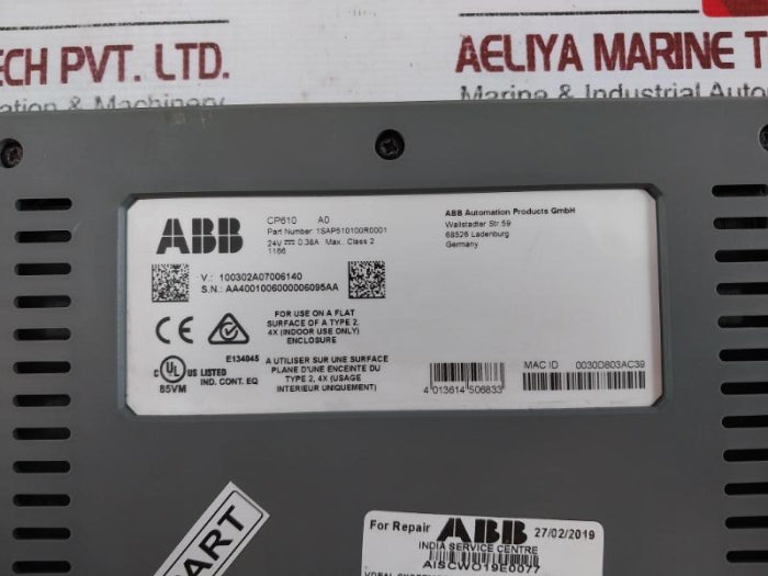 Abb Cp610 Control Panel 24Vdc 0.38A Max Class 2 100302A07006140