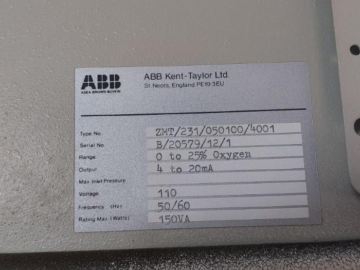 Abb Zirconia Zmt Oxygen Analyzer System 0 To 25 110 Voltage Zmt/231/050100/4001