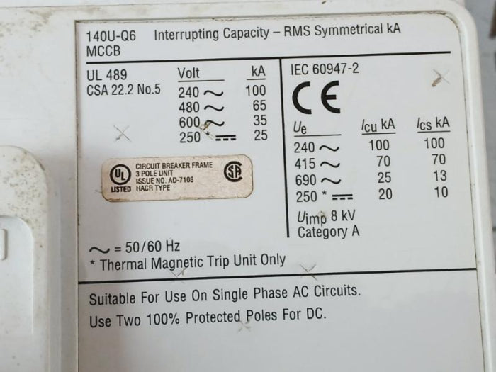 Allen Bradley 140U-q6X3 A Molded Case Circuit Breaker Frame 600 Amps Max 3-pole