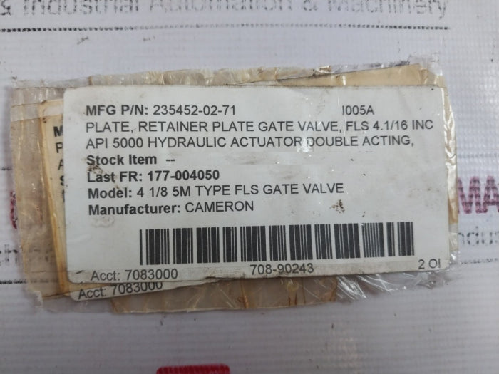 Cameron 235452-02-71 Retainer Plate Gate Valve Fls 4.1/16 Inc Api 5000 Hydraulic Actuator Double Acting