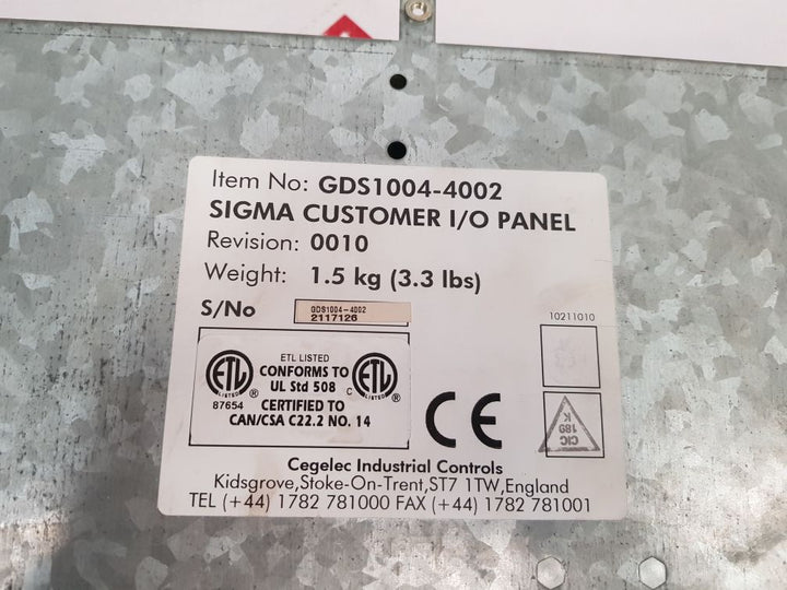 Cegelec Gds1004-4002 Sigma Customer I/O Panel 20X4454A1L