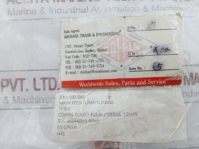 Coffin 65 Rh Wearing Ring For Deb16 Turbo Pump