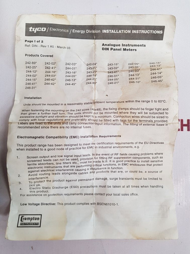 Crompton 361196 1 408017*1 Din Panel Meters