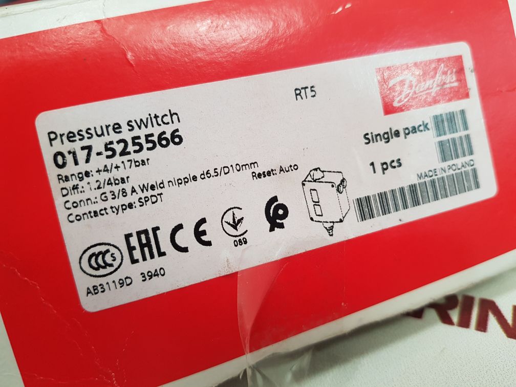 Danfoss Rt5 Pressure Switch 017-525566 400V 10A 60-240Psig 400-1700 Kpa