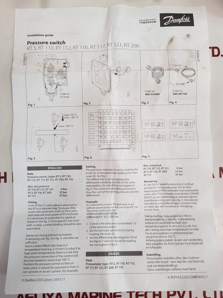 Danfoss Rt5 Pressure Switch 017-525566 400V 10A 60-240Psig 400-1700 Kpa