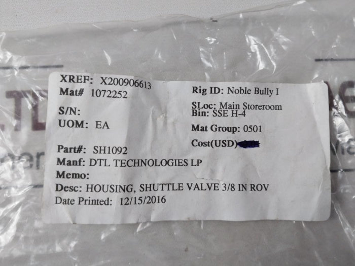 Dtl Sh1092 C Housing Shuttle Valve