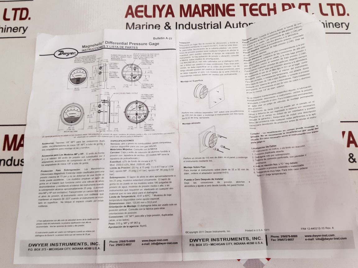 Dwyer Magnehelic Bulletin A-27 Differential Pressure Gage