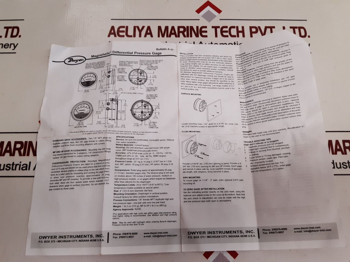 Dwyer Magnehelic Bulletin A-27 Differential Pressure Gage