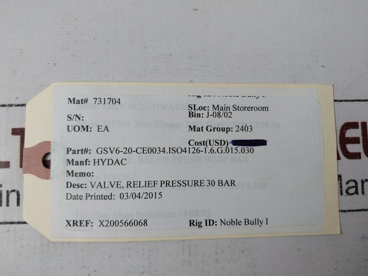 Hydac Gsv6-10-ce1637 Gas Safety Valve