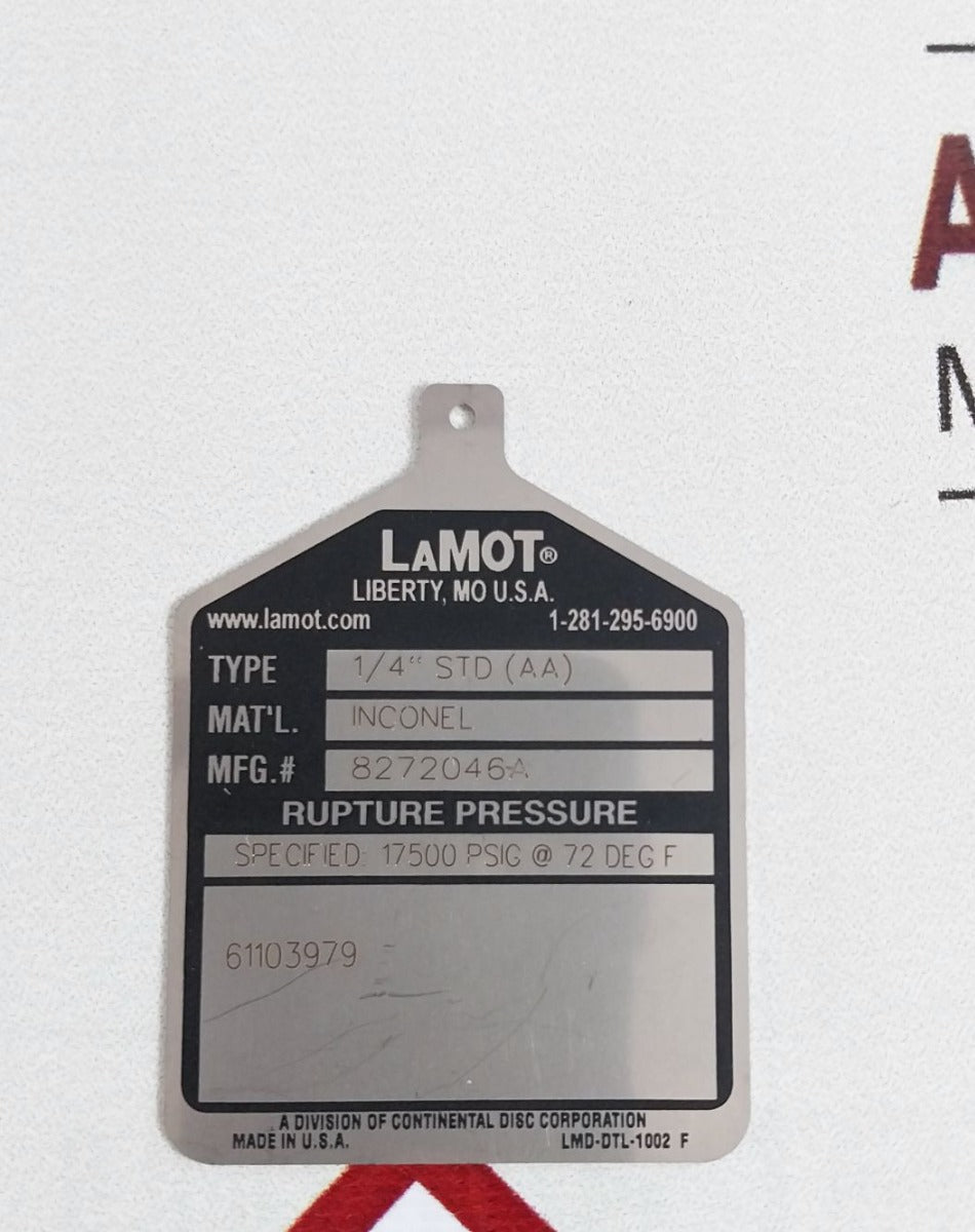 Lot of 5X Lamot 1/4" std (aa) Rupture Pressure Disc 8272046a 17500PSI Inc