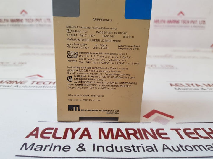 Measurement Technology Mtl 2241 1-channel Solenoid/Alarm Driver Umax 28 Ik 93Ma