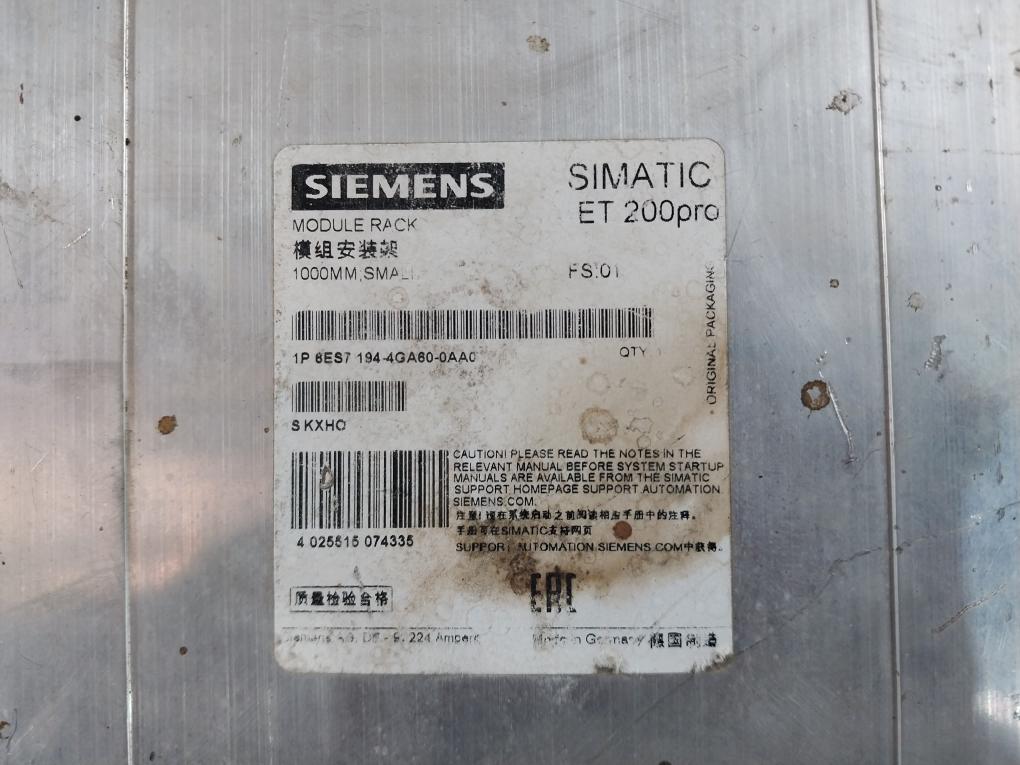 Siemens 1p 6es7 194-4ga60-0aa0 Simatic Et 200pro Module Rack Dc24v