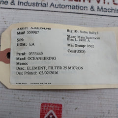 Oceaneering 4338-99 Filter Element 25 Micron