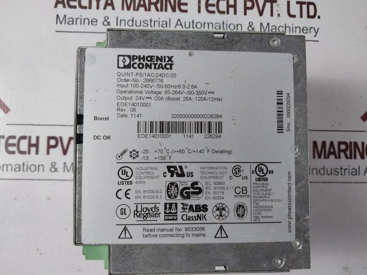 Phoenix Contact Quint-ps/1Ac/24Dc/20 Power Supply 2866776 Rev. 08