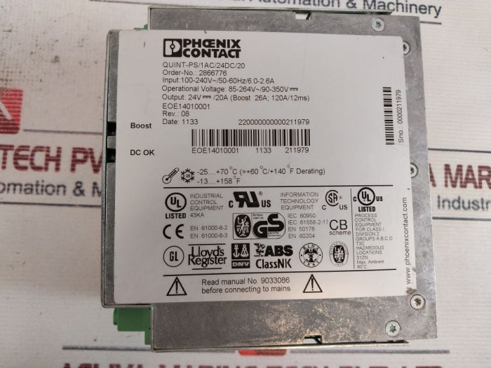 Phoenix Contact Quint-ps/1Ac/24Dc/20 Switching Power Supply 100-240V/50-60Hz