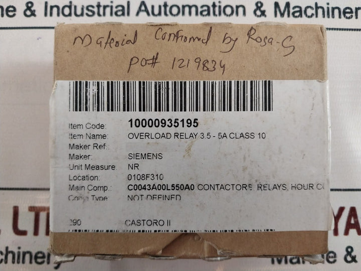 SIEMENS 3RU2116-1FB0 Thermal Overload Relay 3.5-5 A 690V 6kV