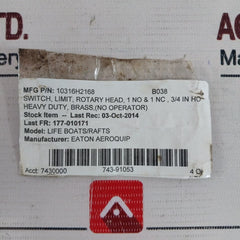 Eaton 10316H2168 Hazardous Location Limit Switch 600V AC Max
