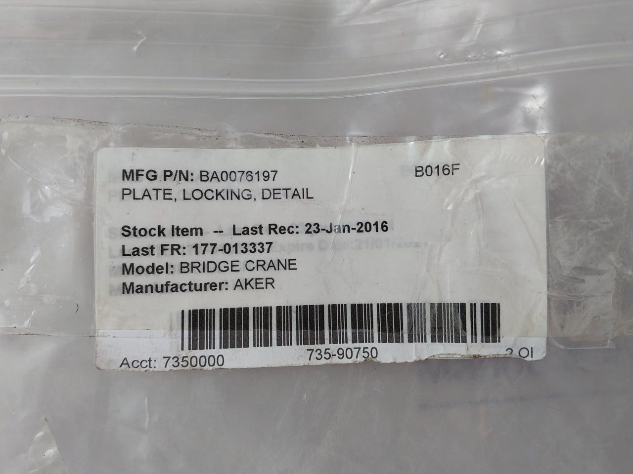 Aker Bridge Crane Ba0076197 Plate Locking