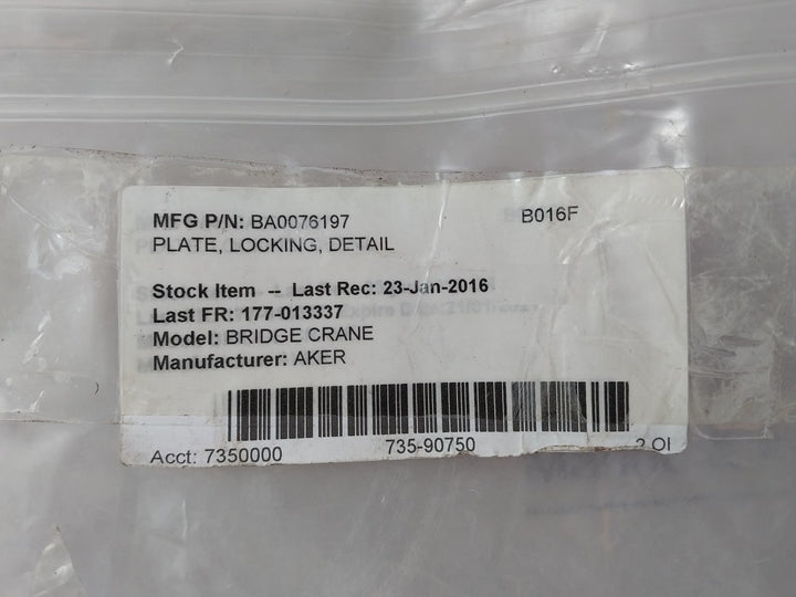 Aker Bridge Crane Ba0076197 Plate Locking