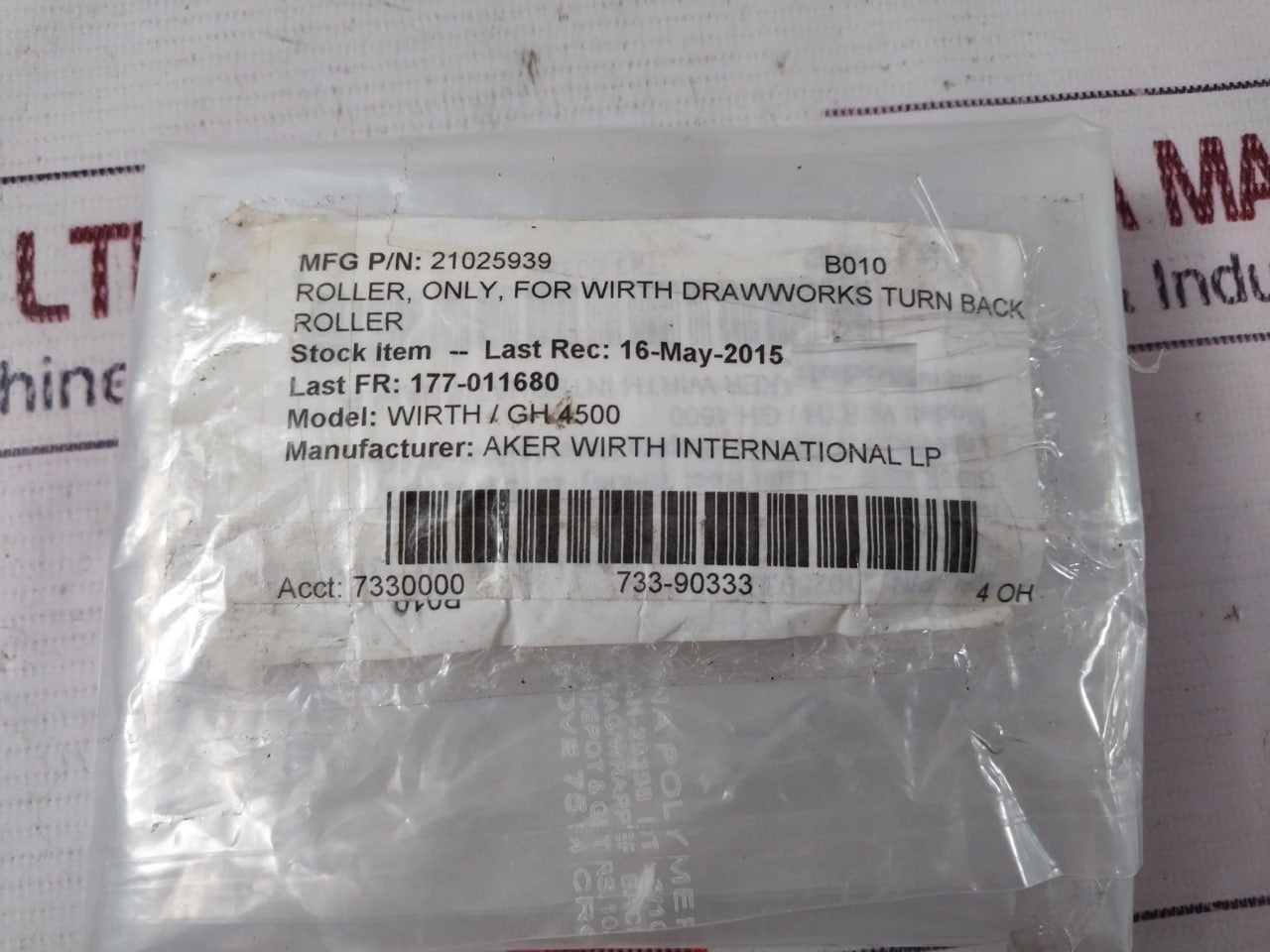 Aker 21025939 Roller for Wirth Drawworks Turn Back