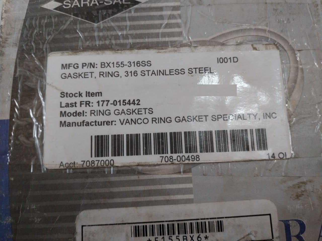 Sara-Sae BX155-316SS Gasket Vanco Ring S316-4