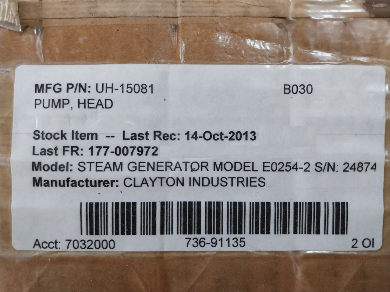 Clayton Uh-15081 Steam Generator E0254-2 Pump Head