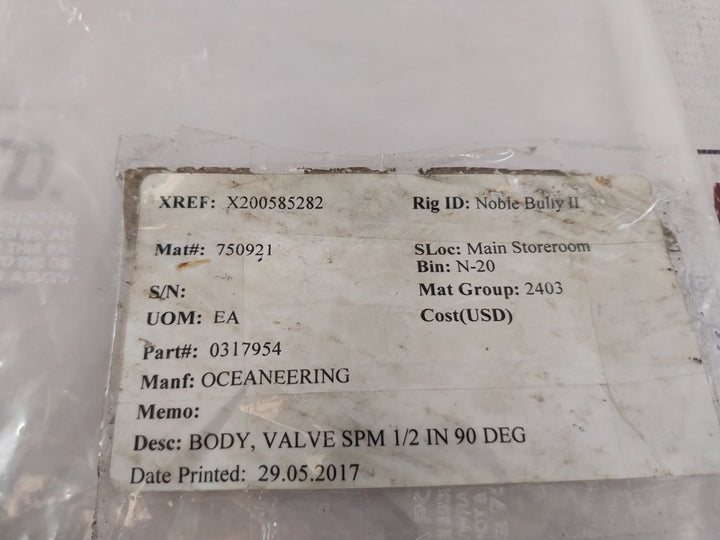 OCEANEERING 0317954 Body Valve SPM 0.5 In 90 DEG 3wnc Seal Subbed 3-5KSI
