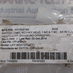 Eaton 10316H2168 Rotary Head Limit Switch 3/4 IN Hole Brass