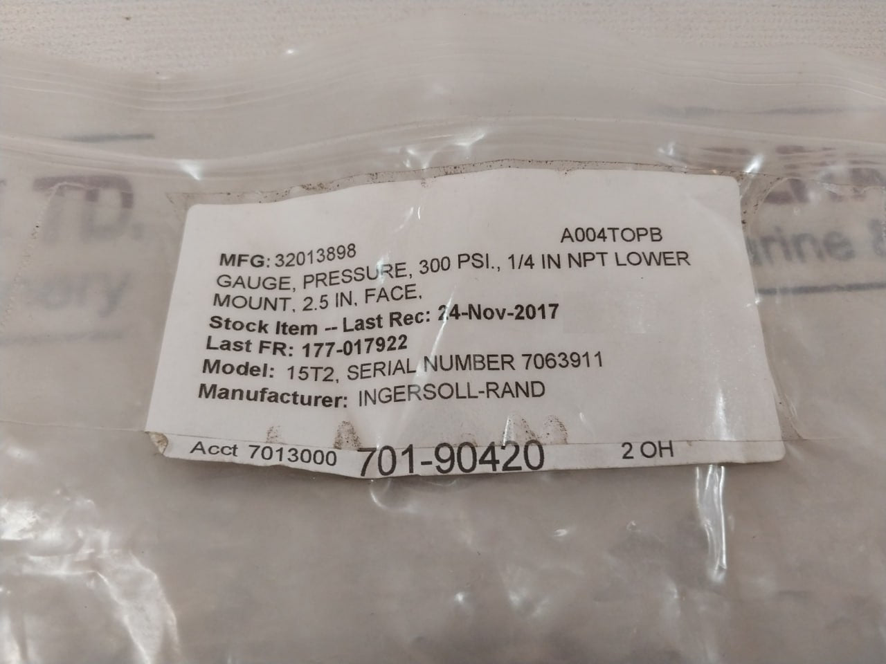 Ingersoll Rand 32013898 Pressure Gauge 1/4 In NPT Lower Mount