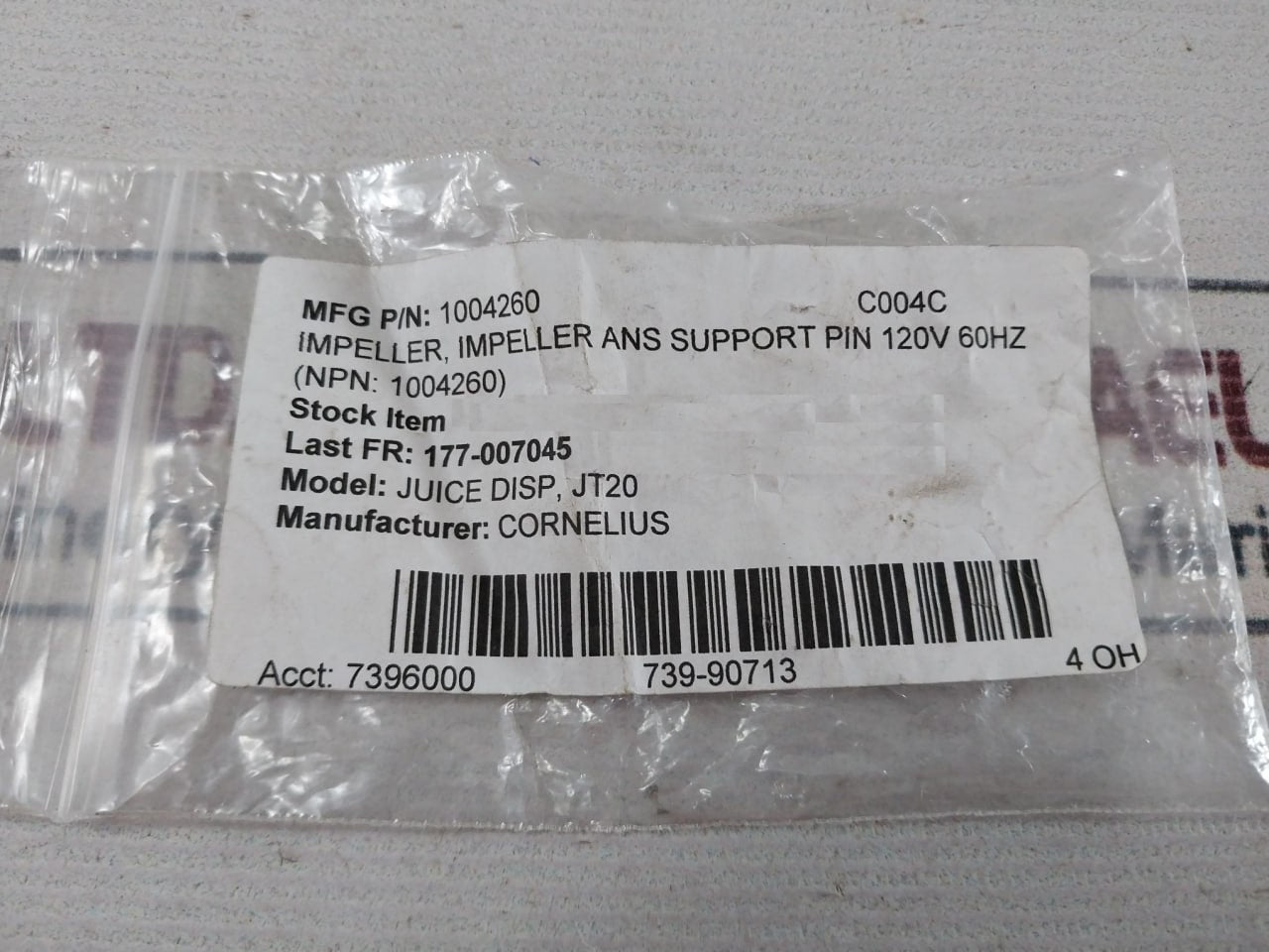 Cornelius 1004260 Impeller Ans Support Pin 120v 60hz