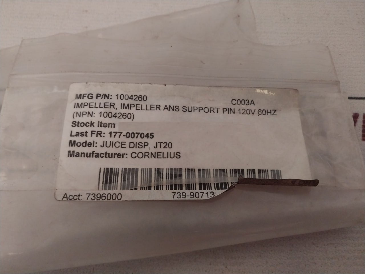 Cornelius 1004260 Impeller Ans Support Pin 120v 60hz