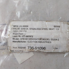 Clayton 1000 Wog Check Valve 1.5 Inch Stainless Steel Seat 350 Psi