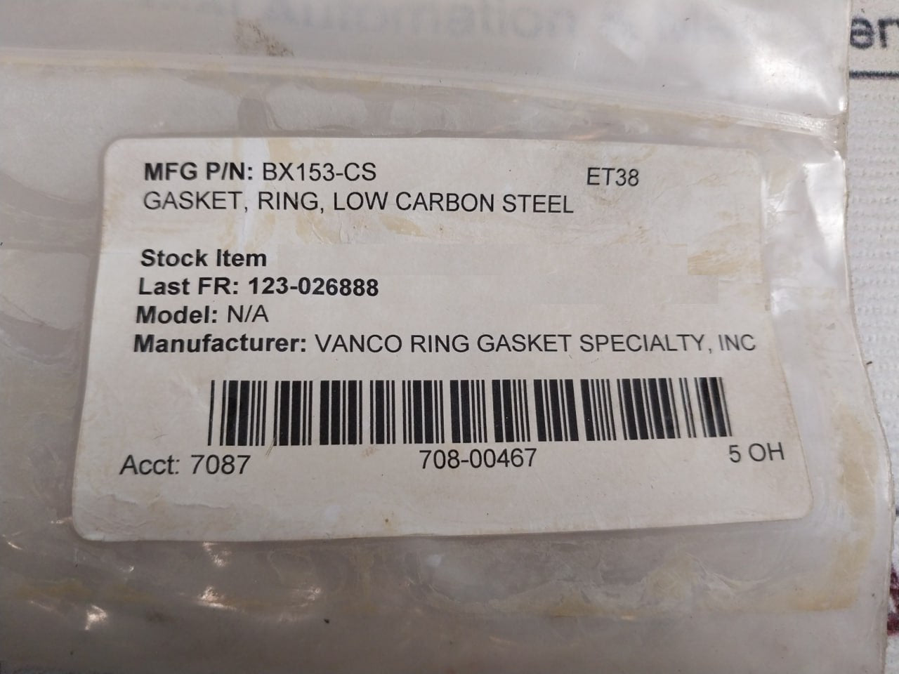 Vanco Bx-153-s-4 Gasket Ring Bx153-cs 6a0003