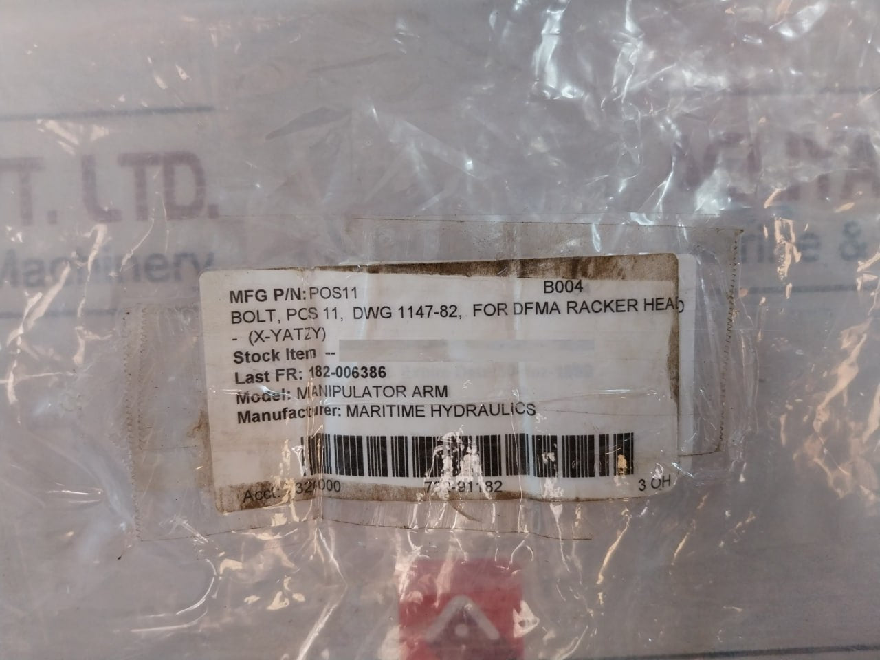 Maritime Hydraulics Manipulator Arm Dwg 1147-82 Pos11 Bolt For Dfma Racker Head