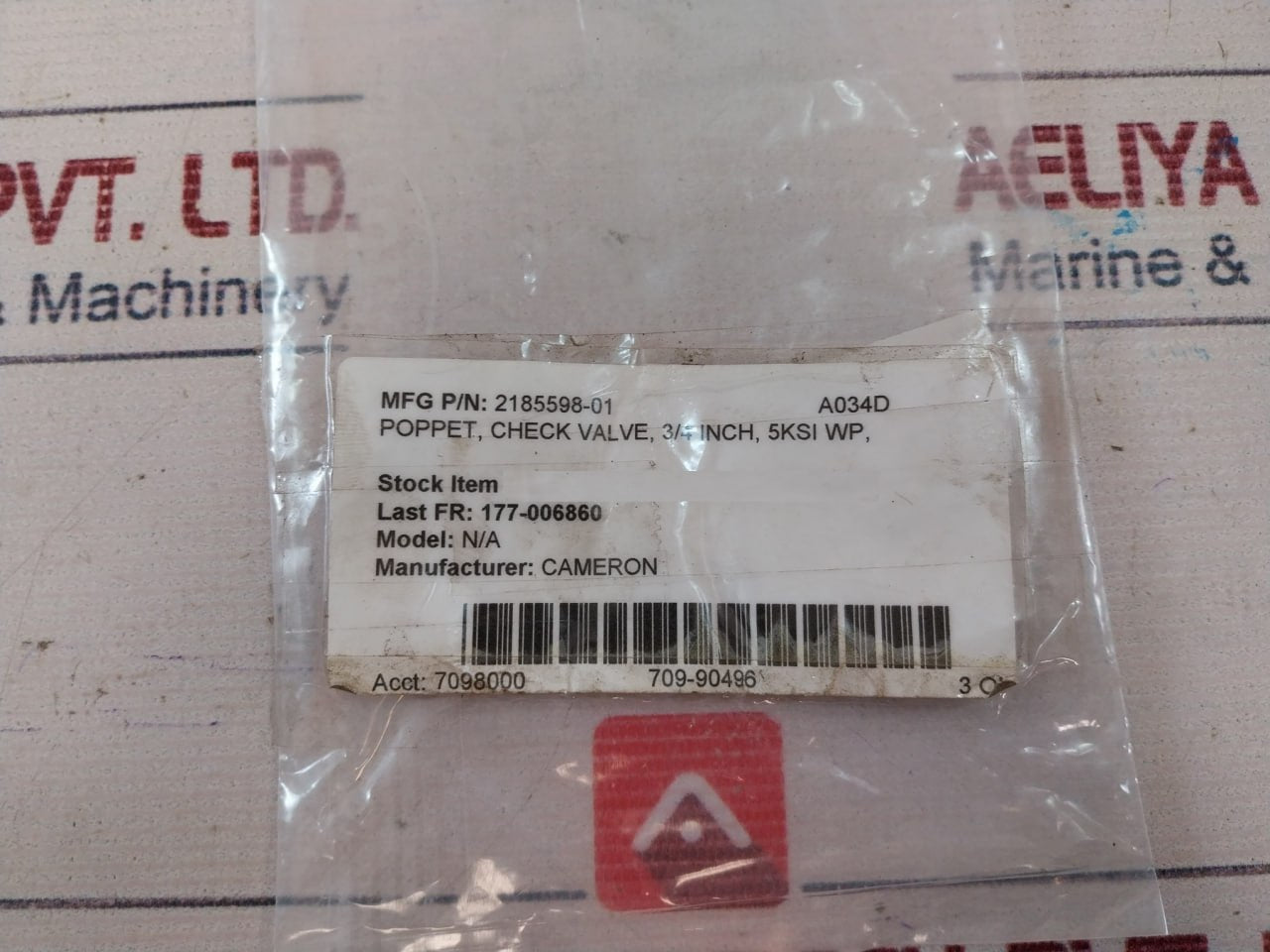Cameron 2185598-01 Poppet Check Valve 3/4 Inch 5ksi Wp Rev.a01