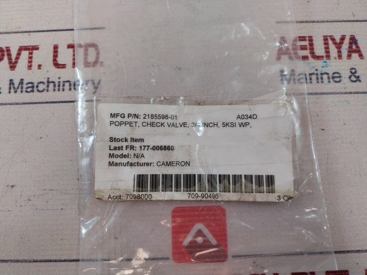 Cameron 2185598-01 Poppet Check Valve 3/4 Inch 5ksi Wp Rev.a01