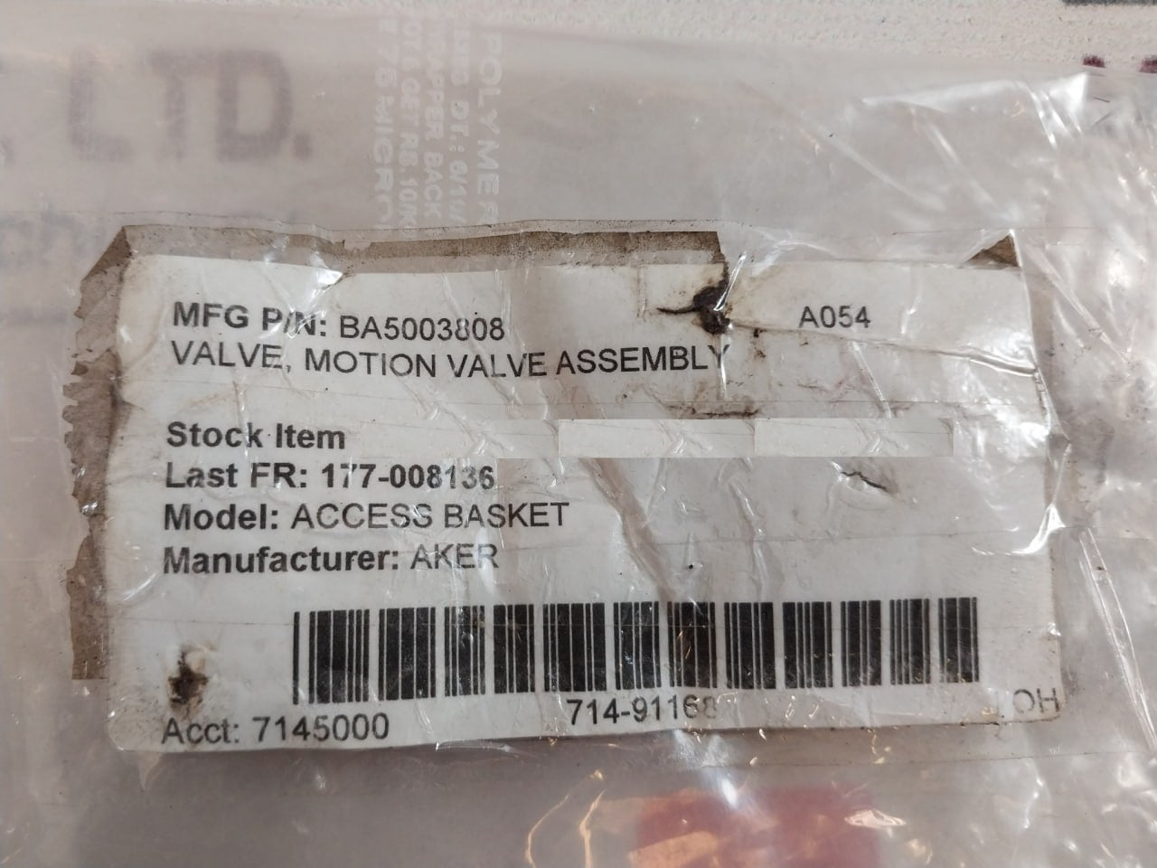 Aker BA5003808 Motion Valve Assembly