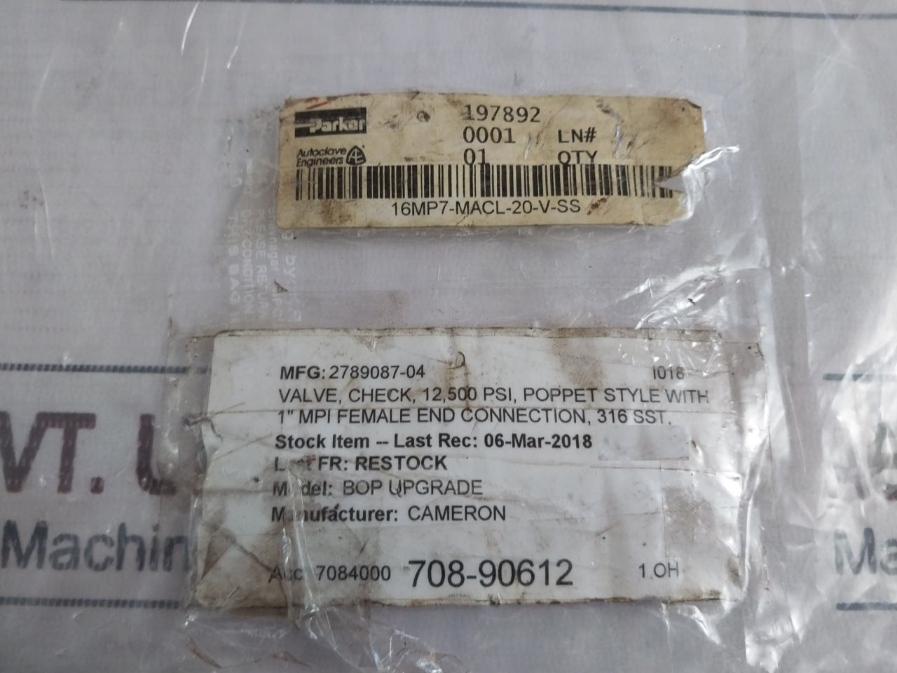 PARKER 101F-6386 Check Valve Poppet Style 16MP7-MACL-20-V-SS