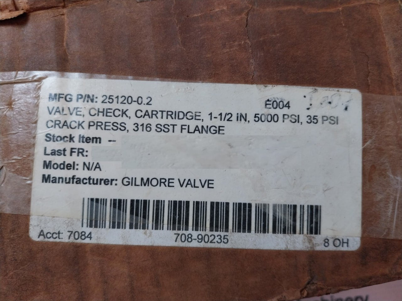 Gilmore 25120-0.2 Check Valve Cartridge Rev 01 4793590 7084 708-90235 8 Oh I007