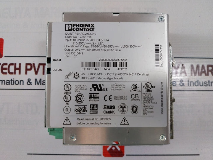 Phoenix Contact Quint-ps/1Ac/24Dc/10 Power Supply 85-264V 90-350V