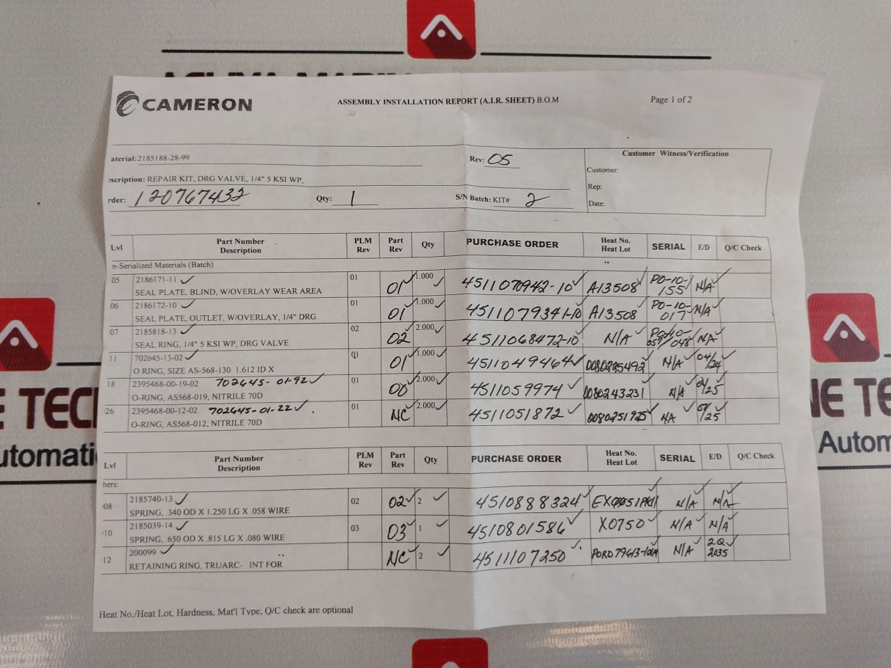 Cameron 2185188-28-99 Drg Valve Repair Kit
