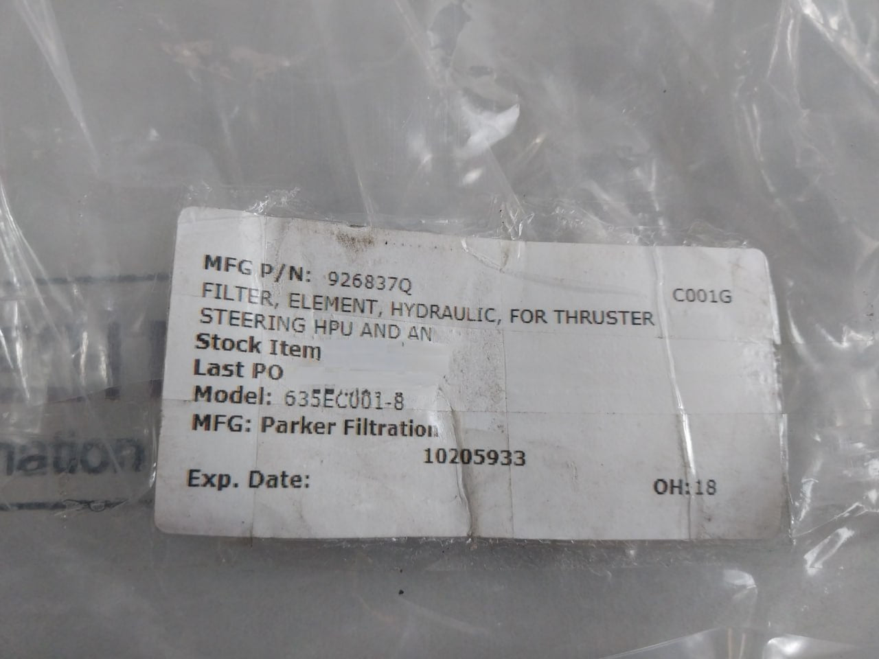 Parker 926837Q Hydraulic Filter Element 635Ec001-8, 10Q 09Tb