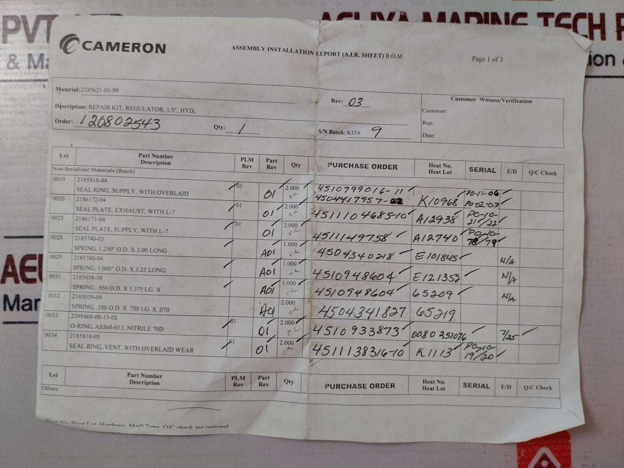Cameron Parker Hannifin Freudenberg Oil & Gas 2185621-01-99 Hydraulic Regulator Repair Kit