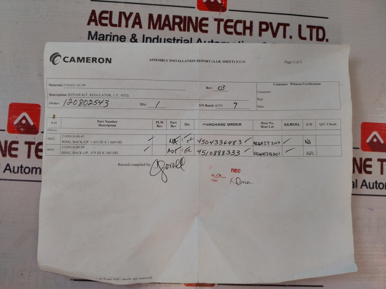 Cameron Parker Hannifin Freudenberg Oil & Gas 2185621-01-99 Hydraulic Regulator Repair Kit