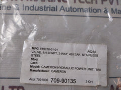 Parker Hals2V4N 1/4 In Npt 2-way Stainless Steel Valve 420Bar